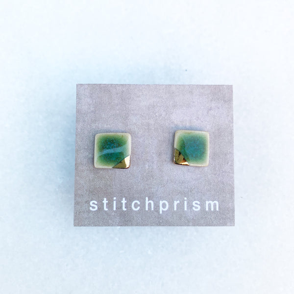 Square Studs - Green + Gold