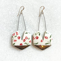 Hexagon Earring with Cutout - Red Flower + Gold