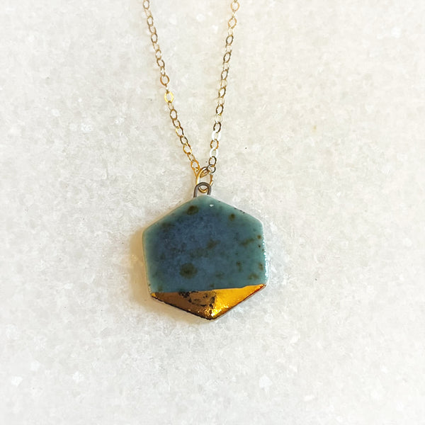 Small Hexagon Necklace - Teal (Gold)