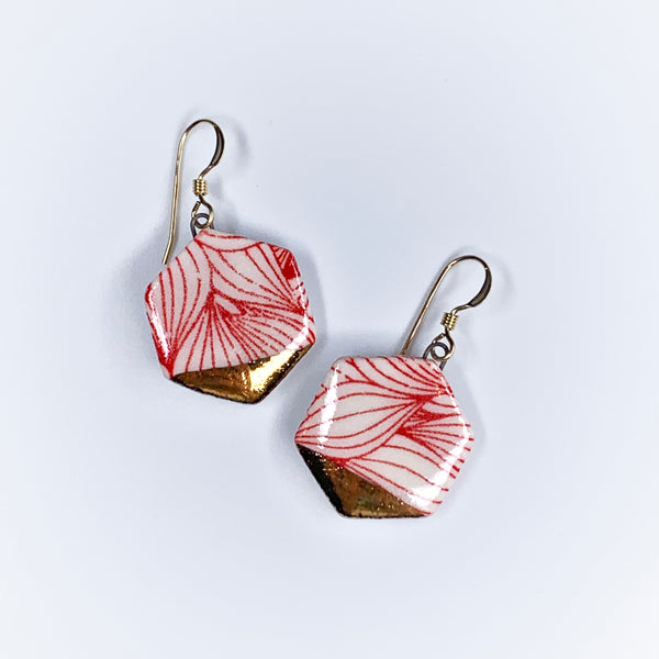 Small Hexagon Earrings -  Red Wave (gold)