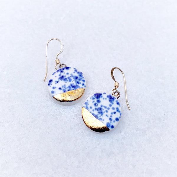 Small Circle Earrings - Blue Speckle + Gold