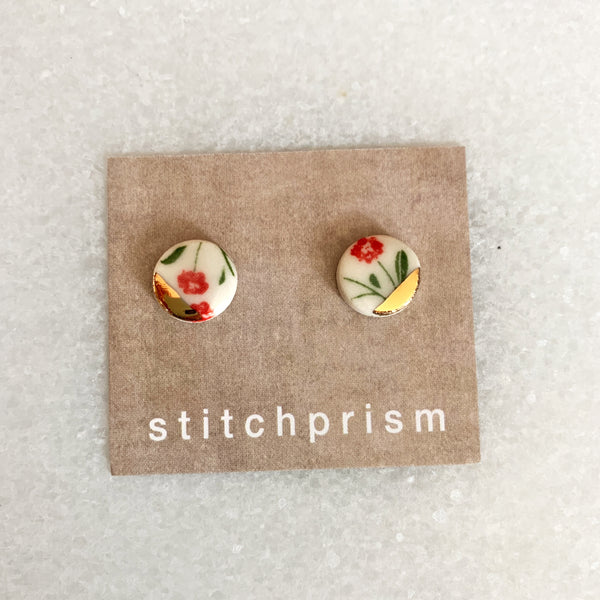 Small Circle Studs - Red Flower + Gold