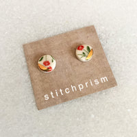 Small Circle Studs - Red Flower + Gold