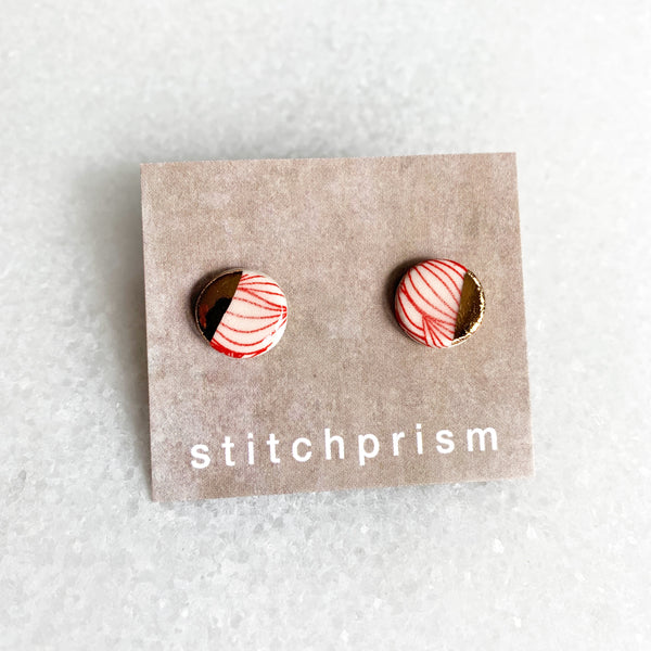 Small Circle Studs - Red Waves + Gold