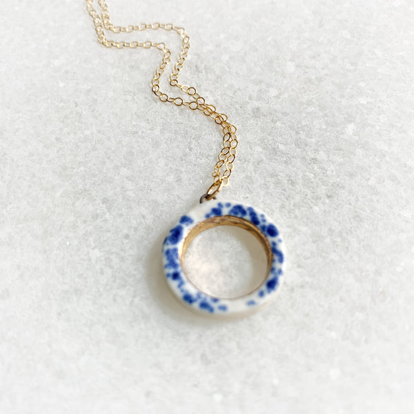 Open Circle Necklace - Blue Speckle + Gold