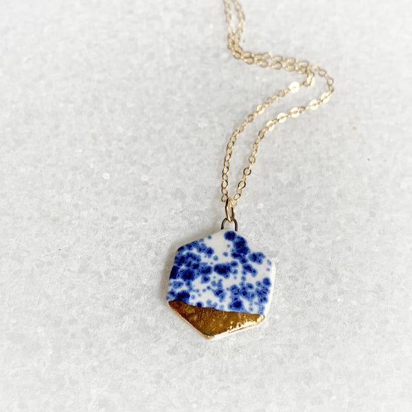 Small Hexagon Necklace - Blue Speckle (Gold)